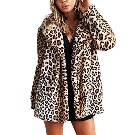 Leopard Print Winter Jacket Turn Down Collar New Luxury Faux Fur Coat Long Sleeve Womens