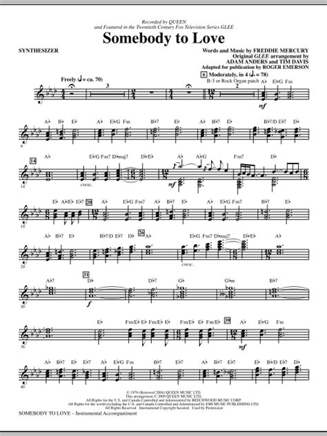 Somebody To Love Arr Roger Emerson Synthesizer Sheet Music Glee Cast Choir Instrumental Pak