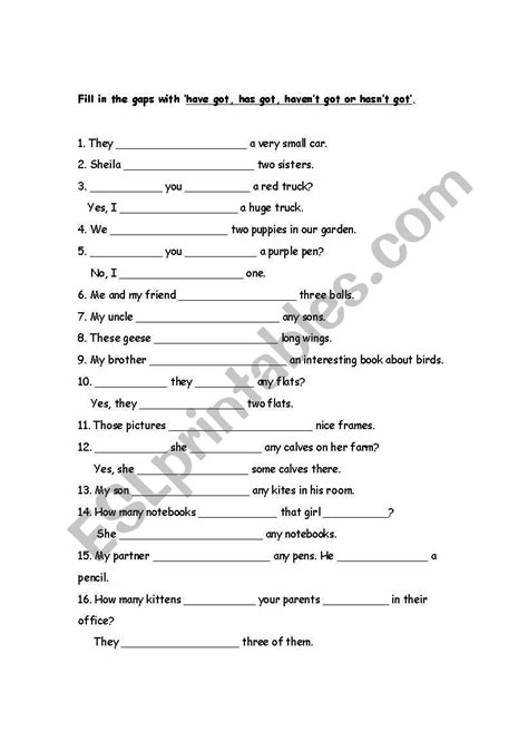English Worksheets Exercices To Have Got