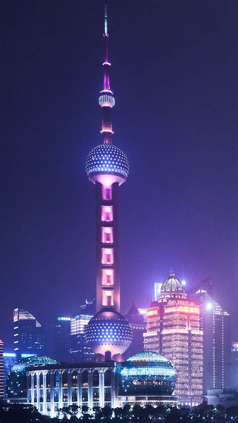 City Night Oriental Pearl Tower Skyline Skyscraper Shanghai 4k 5k Hd