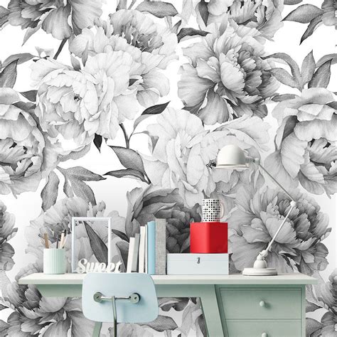 Gray Peonies Peel And Stick Wallpaper Removable Watercolor Etsy