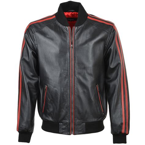 Mens Leather Striped Bomber Jacket Blkred Nathan Mens Leather Jackets