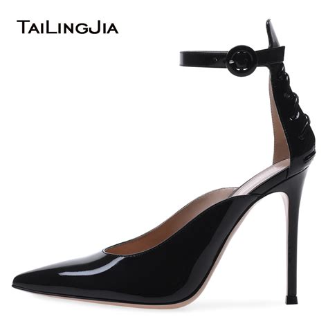 Pointy High Heel Black Patent Leather Pumps Women Stylish Ankle Strap