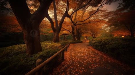 Pathway Paved With Leaves At Dusk In The Autumn Background Autumn Park