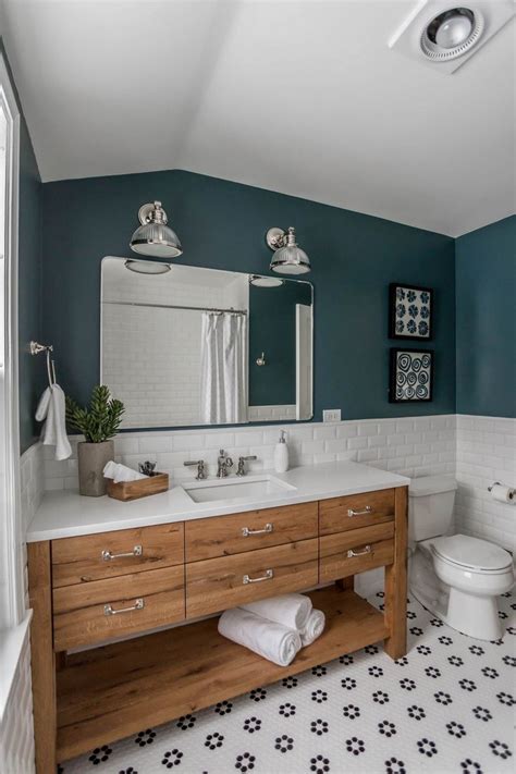 Wood Bathroom Vanity Green Painted Walls Black And White Tile Dark