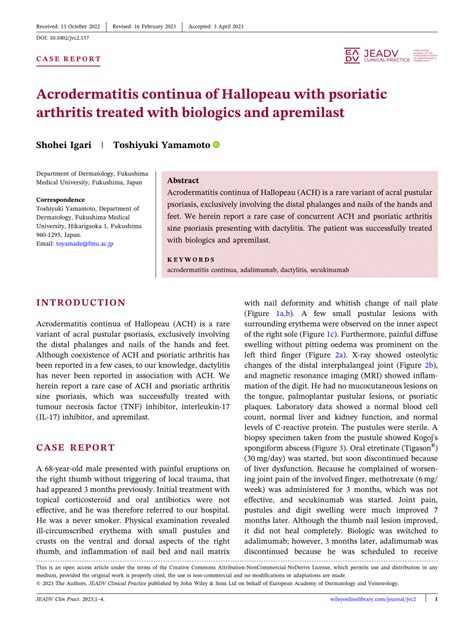 Pdf Acrodermatitis Continua Of Hallopeau With Psoriatic Arthritis