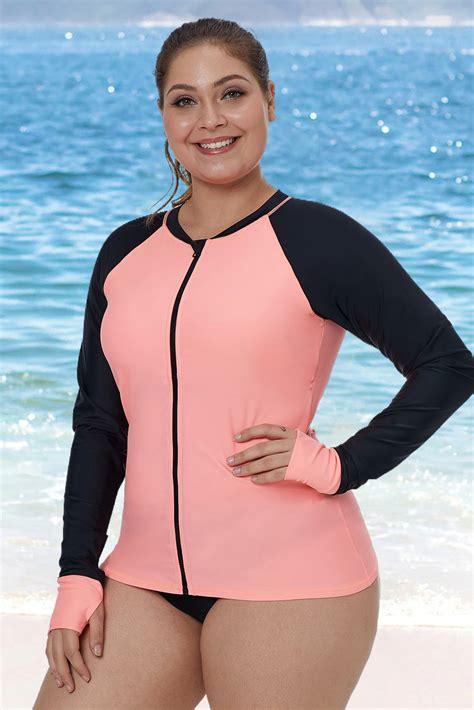 Womens Plus Size Color Blocklong Sleeve Zip Front Rash Guard One Piece Swimsuit Padded Uv Sun