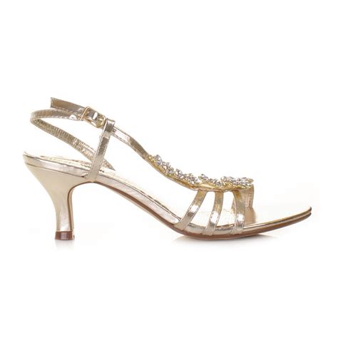New look gold glitter women's heels size 6. WOMENS LOW HEEL GOLD FLOWER DIAMANTE SLINGBACK PROM ...