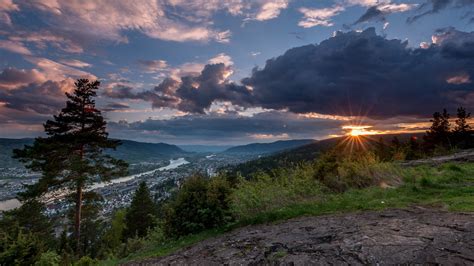 Norway Drammen Mountains Trees Clouds Sunset Wallpaper Nature