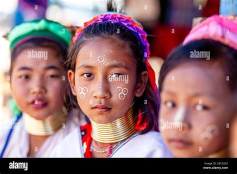 A Group Of Children From The Kayan Long Neck Minority Group In
