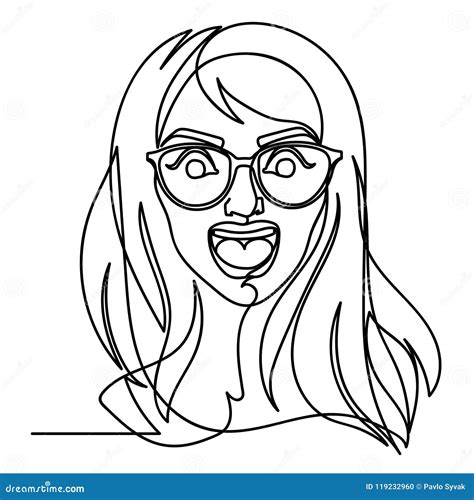 Screaming Woman In Eyeglasses One Line Art Portrait Unhappy Female