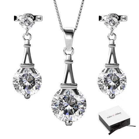 Cate And Chloe Isla Eiffel Tower Jewelry Set 18k White Gold Cubic Zirconia Pendant Necklace And