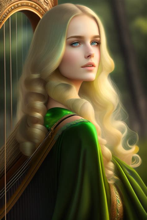 Lexica Green Dress Blonde Blue Eyes Long Hair Harp