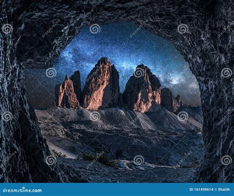 Stunning View To Tre Cime From Cave At Night Dolomites Stock Photo
