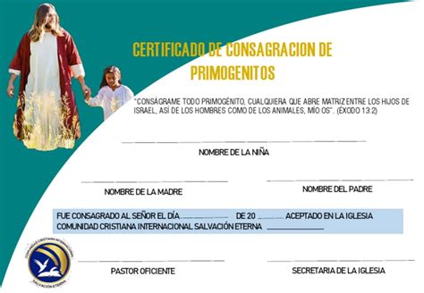 Certificado De Consagracion De Primogenitos Nombre De La Niña Pdf