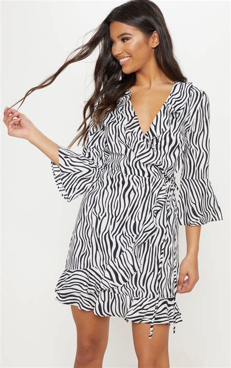 Black Zebra Print Wrap Tea Dress Dresses Prettylittlething Aus