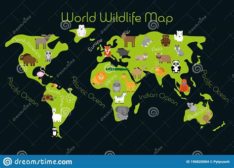 World Wildlife Map Continents With Typical Fauna Funny Cartoon