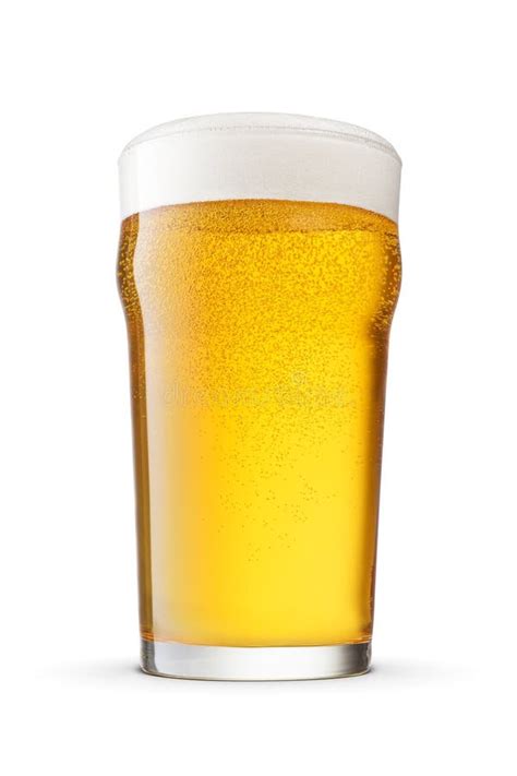 British Style Imperial Pint Glass Of Fresh Yellow Beer With Cap Of Foam Isolated On White