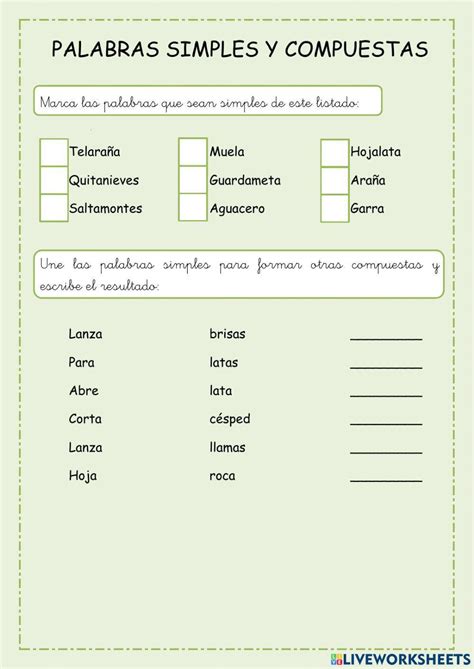 Palabras Simples Y Compuestas Worksheet For Quinto De Primaria Live