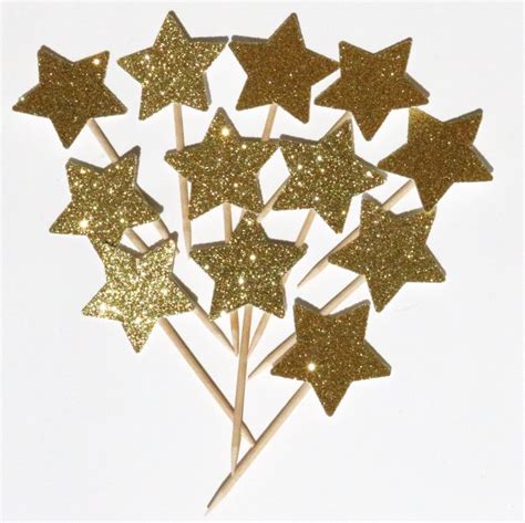 12 Gold Glitter Star Cupcake Toppers Wedding Cupcake Toppers Etsy