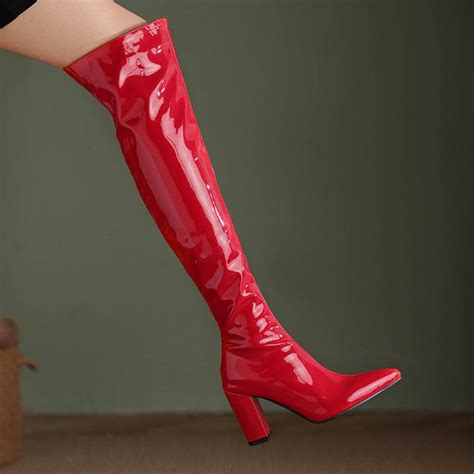 Red Thigh High Boots Block Heel Balajoy Leather Thigh High Boots Thigh Boot Pointed Toe