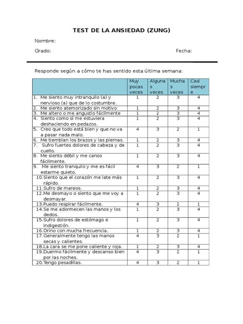 Test De La Ansiedad Zung Ansiedad Diagnostico Medico