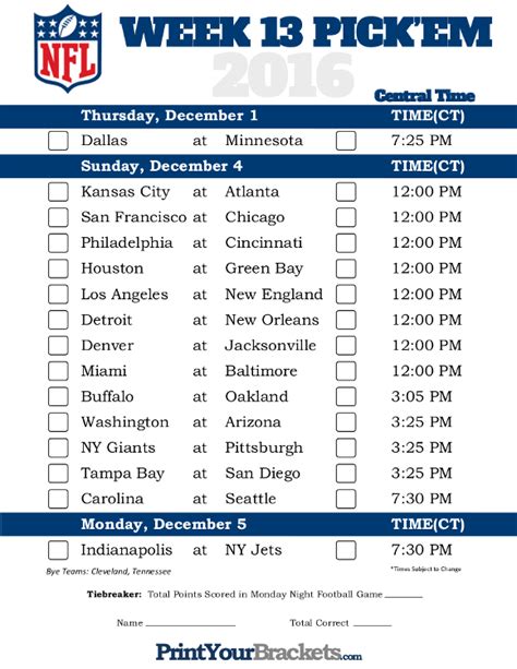 Nfl Week 13 Schedule Printable Printable World Holiday