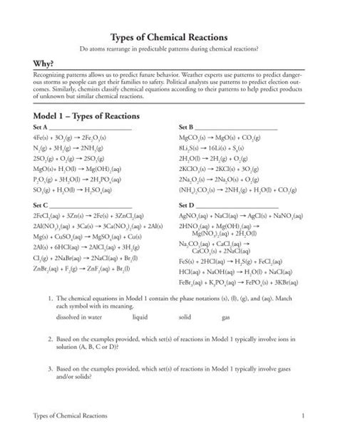 Predicting Products Of Chemical Reactions Worksheet Answer Key Types