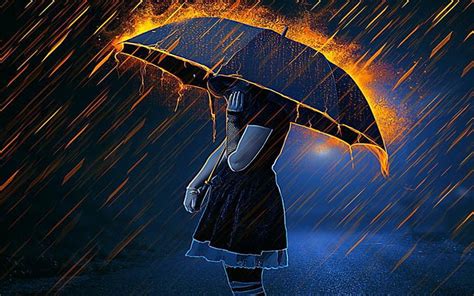 Hd Wallpaper Anime Women Fire Girl Rain Umbrella Woman