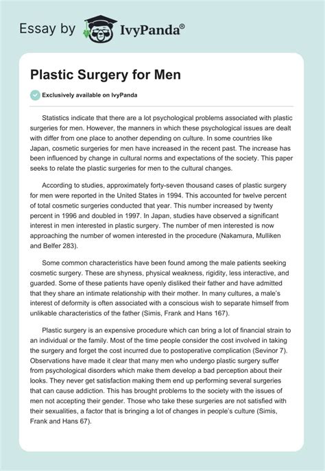 Plastic Surgery For Men 1414 Words Essay Example