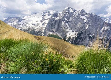 Beautiful View Of The Marmolada Massif In The Dolomites Italy Stock