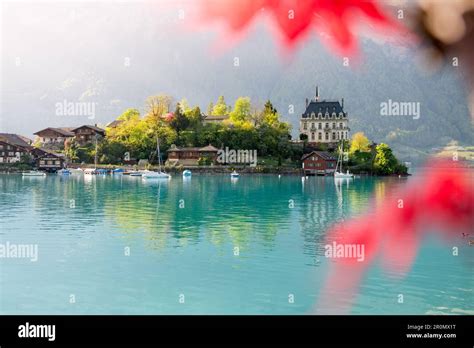 View Of Schloss Seeburg Iseltwald In Turquoise Lake Brienz Stock Photo