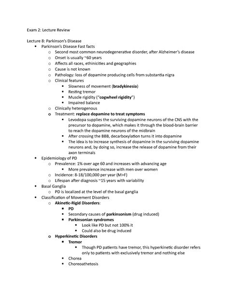 Exam 2 Study Guide Exam 2 Lecture Review Lecture 8 Parkinsons