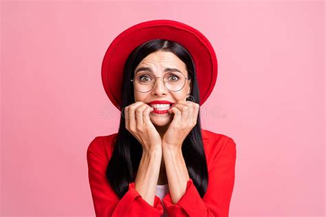 Photo Of Young Girl Bite Fingers Teeth Worried Nervous Problem Trouble Isolated Over Pink Color