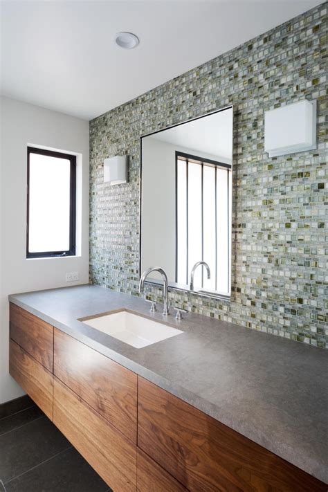 Modern Guest Bathroom Detail With Glass Mosaic Tile Wall And Single