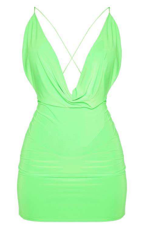 Neon Lime Slinky Cowl Neck Strappy Bodycon Dress Prettylittlething