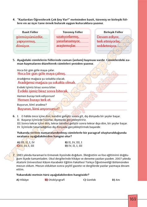 Sinif Turkce Ders Kitabi Cevaplari Sayfa Meb Yayinlari Dev Zaman