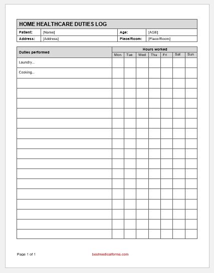 Home Healthcare Duties Log Template Download File