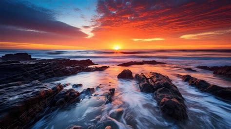 Premium Ai Image A Sunset Over A Rocky Beach