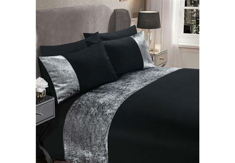Crushed Velvet Panel Duvet Cover With Pillow Case Bedding Set In Black