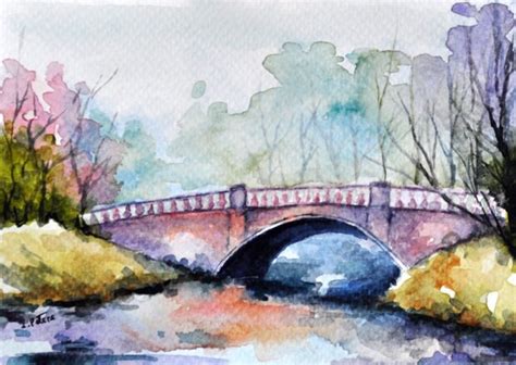 Original Watercolor Painting Park Bridge Illustration Bridge