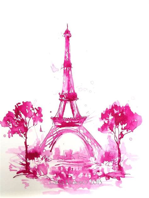 Pink Eiffel Tower Watercolor Paris Original Illustration Torre Eiffel