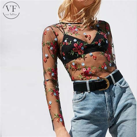 Black Sexy Sheer Tops No Bra Allove Blue Floral Embroidered Sheer Long