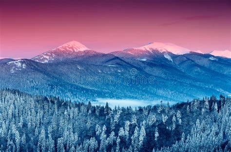 Colorful Winter Sunrise In The Mountains Fantastic Morning Glowing By