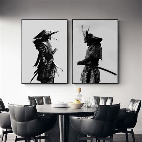 Japanese Samurai Warrior Wall Art Canvas Poster Oriental Black And White