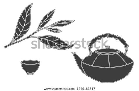 Black Silhouette Teapots And Tea Leaves Green And Black Tea Set