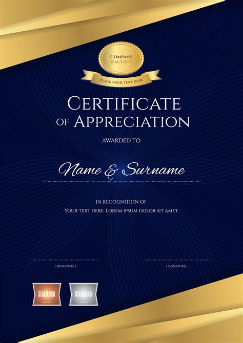Luxury Certificate Template With Elegant Blue And Golden Border Frame