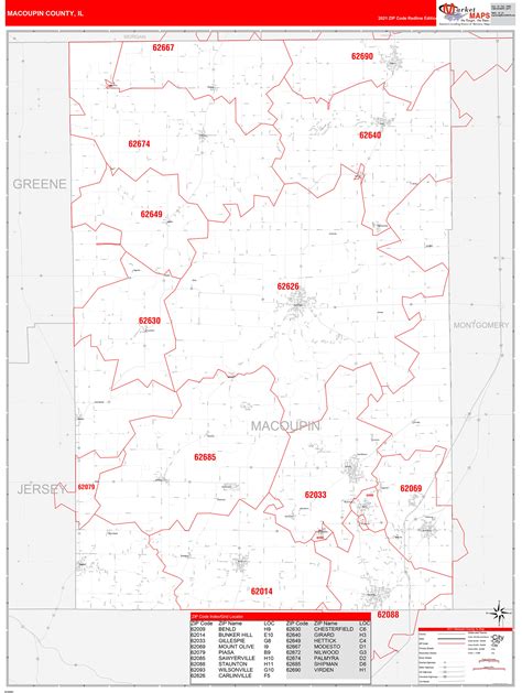 Macoupin County Il Zip Code Wall Map Red Line Style By Marketmaps