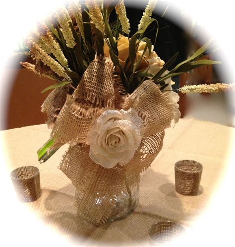 Burlap flower centerpiece in mason jar. | Burlap centerpieces, Burlap mason jars, Burlap flowers
