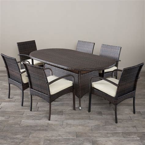 Noble House Anthony 7 Piece Wicker Patio Dining Set In Brown Dining Set